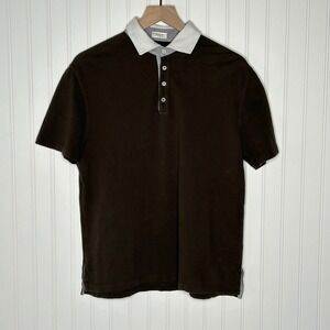 Brunello Cucinelli Mens Polo Shirt Brown White Collar Casual Luxury 100% Cotton